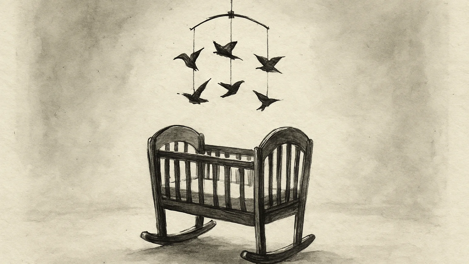 Ink wash drawing of a cradle in a quiet room with a mobile of paper birds above it