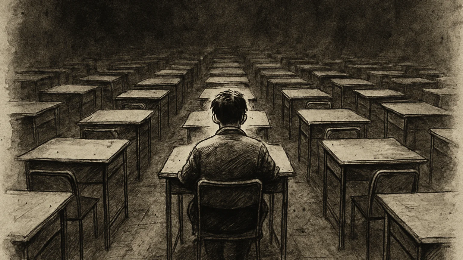 Ink wash drawing of a lone figure at an exam desk, empty desks receding into darkness