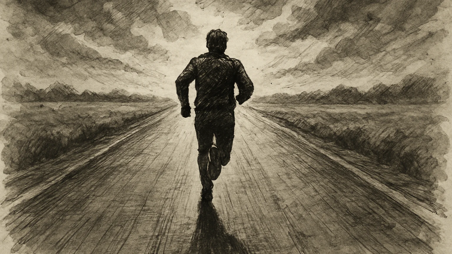 Ink wash drawing of a figure running down an empty road, a long shadow stretching behind them