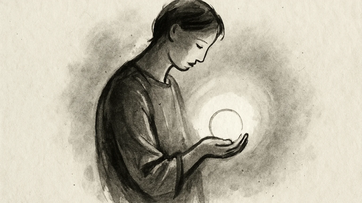 Ink wash drawing of a figure in profile cradling a small circle of light at their middle