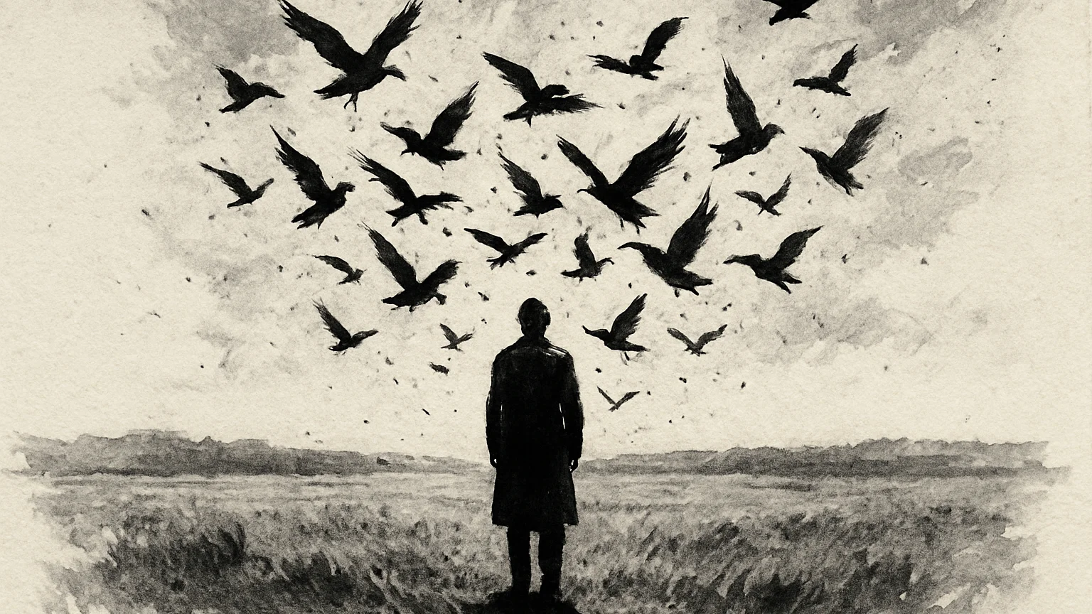 Ink wash drawing of a figure standing in a field as dark birds burst into flight around them