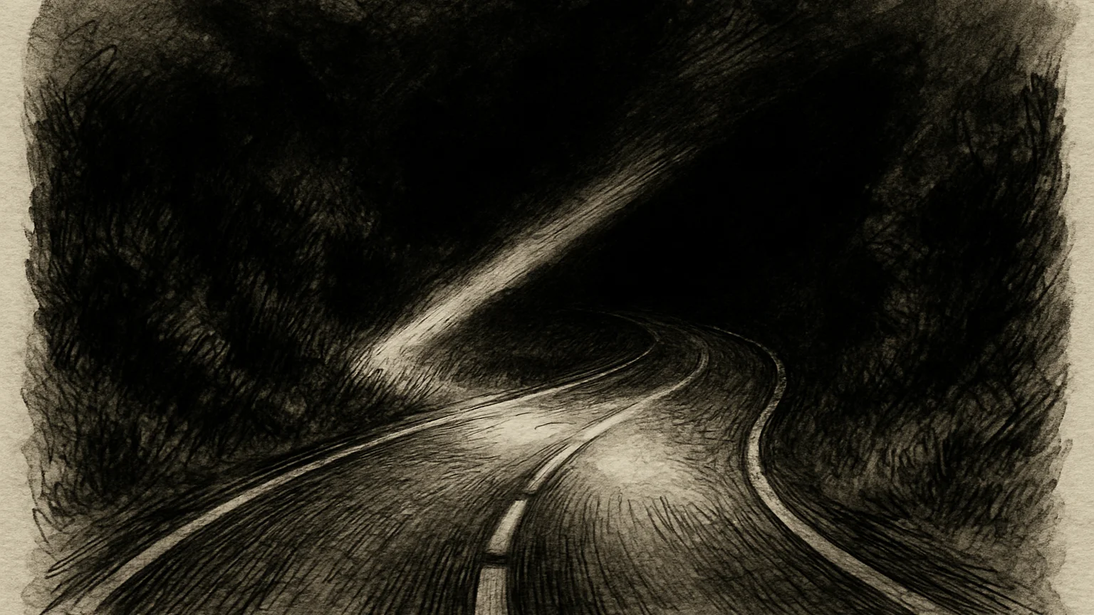 Ink wash drawing of an empty night road bending away, two headlight beams crossing in the dark