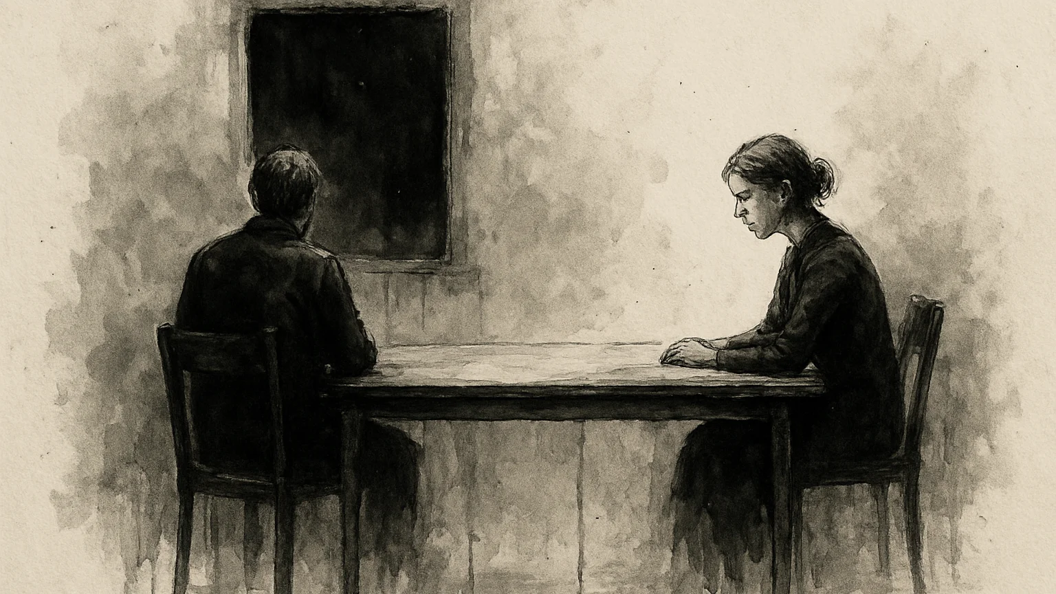 Ink wash drawing of two figures at opposite ends of a long table, one turned away
