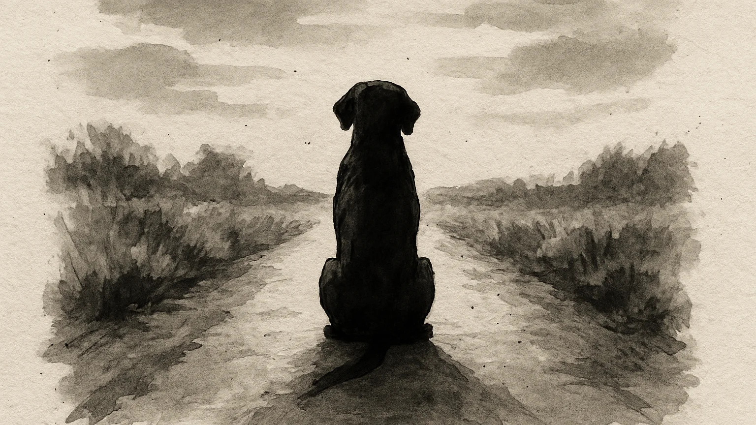 Ink wash drawing of a large dog waiting at the end of a narrow lane