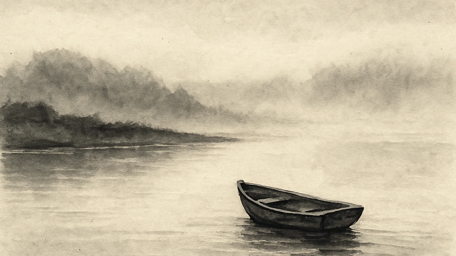 Ink wash drawing of a small empty boat drifting from shore toward mist