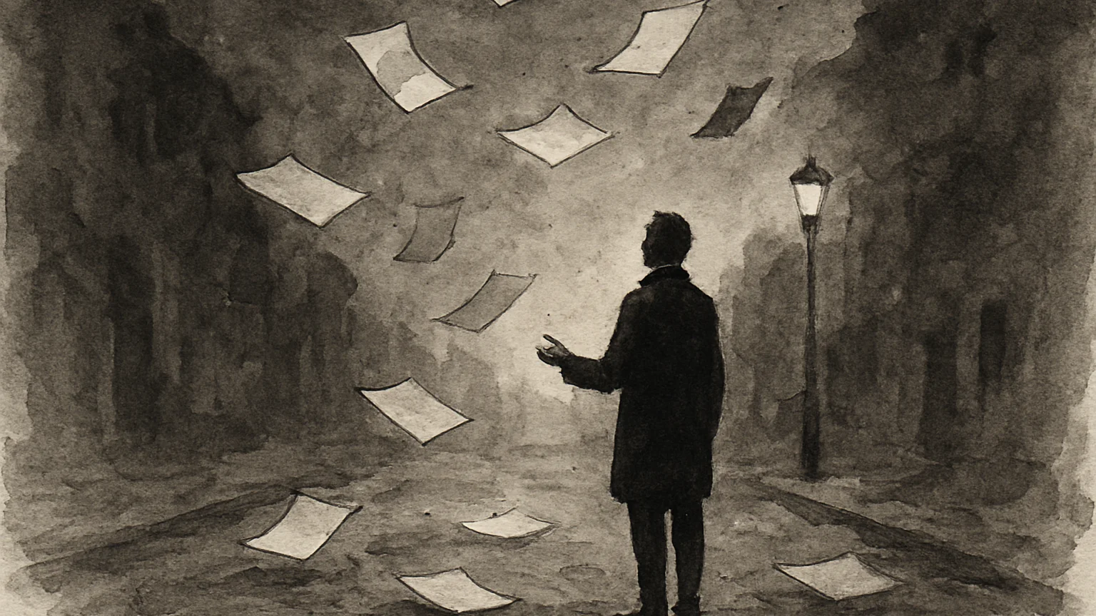 Ink wash drawing of blank paper slips drifting down a street around a still figure