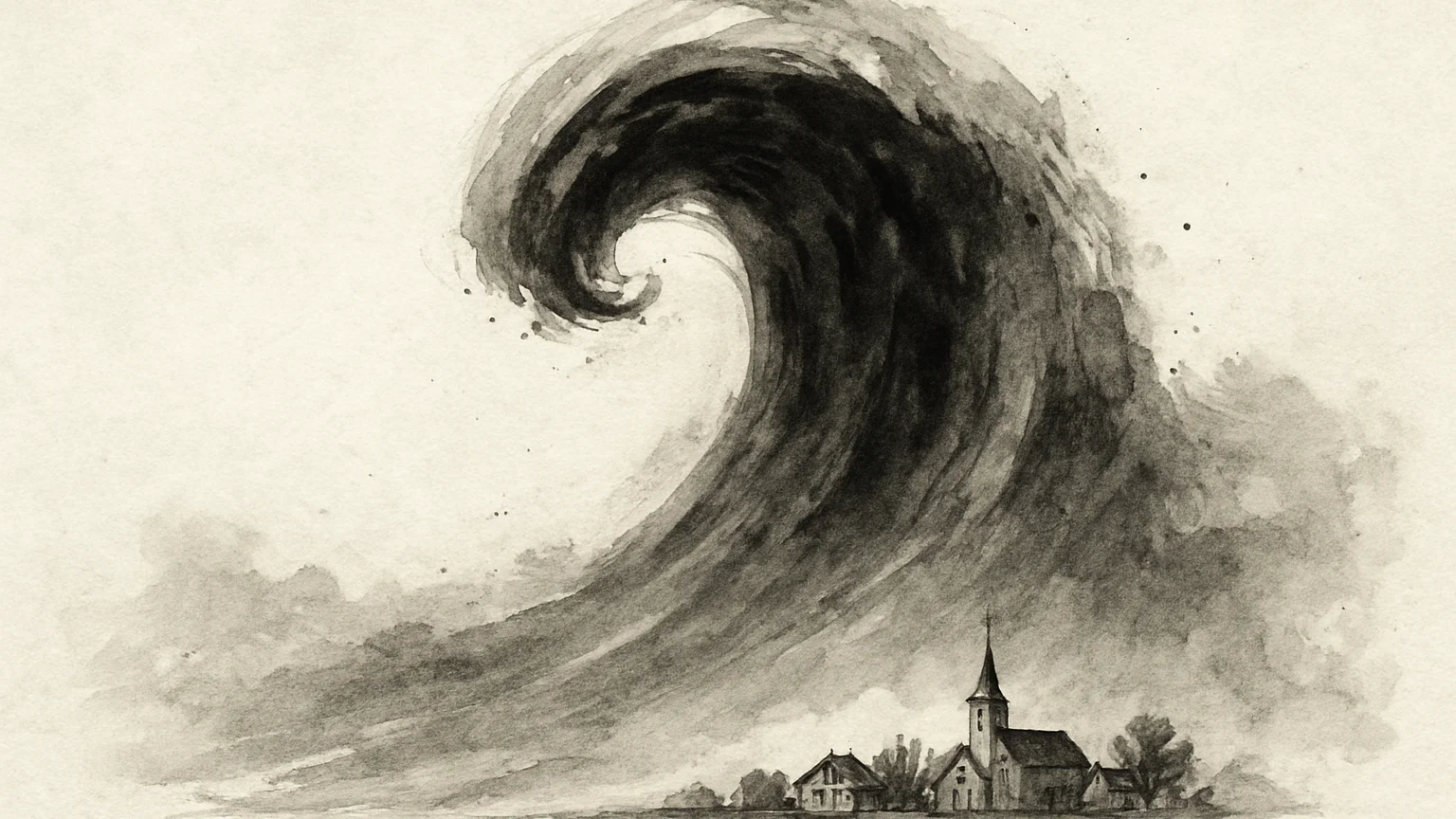 Ink wash drawing of a towering wave curling above a tiny town, painted in one brushstroke