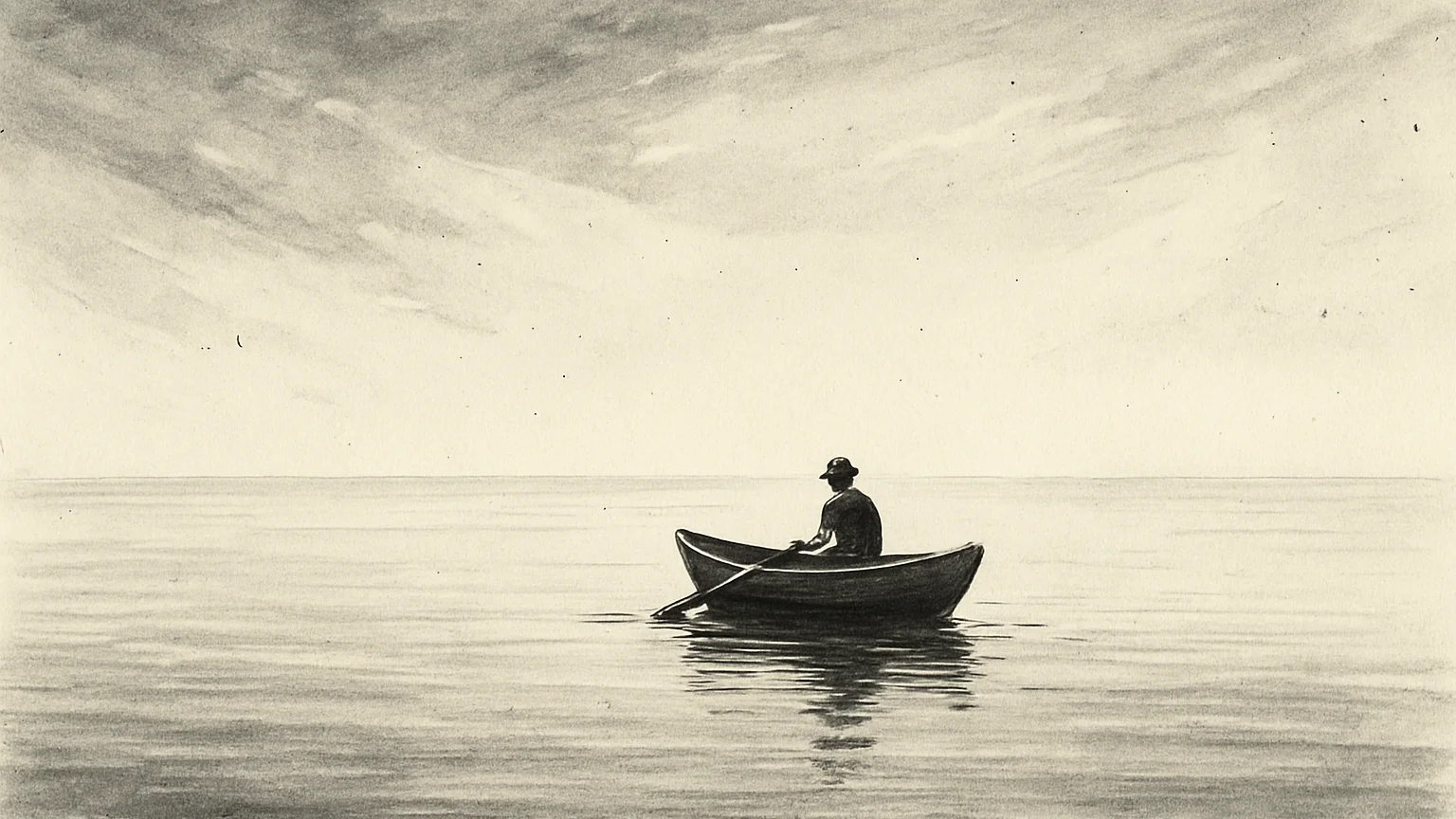 Ink wash drawing of a tiny rowboat on a vast still expanse of water