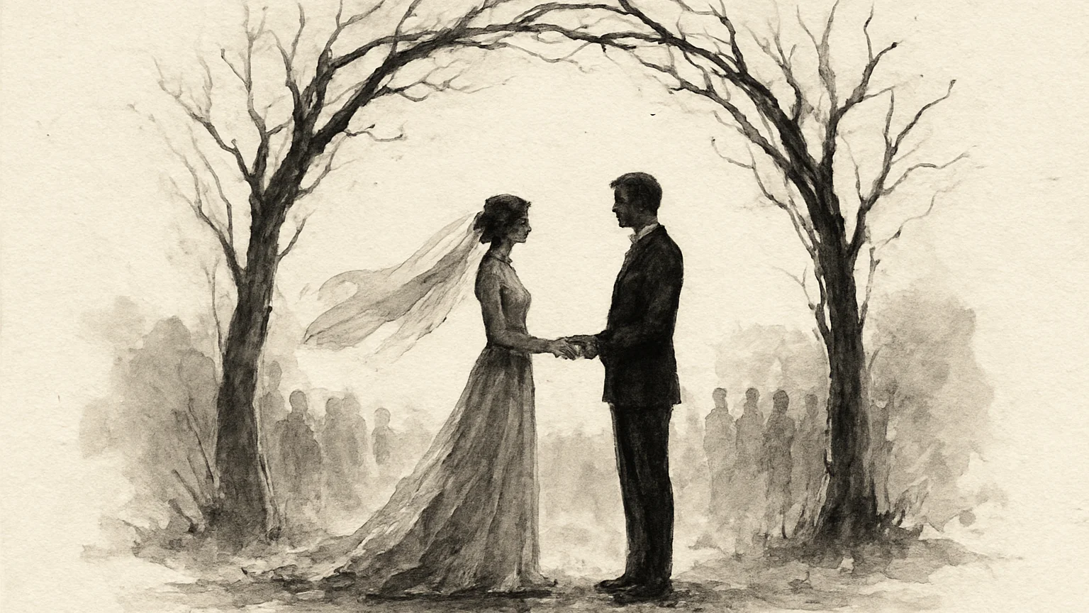 Ink wash drawing of two figures under an arch of branches, a veil caught in the wind